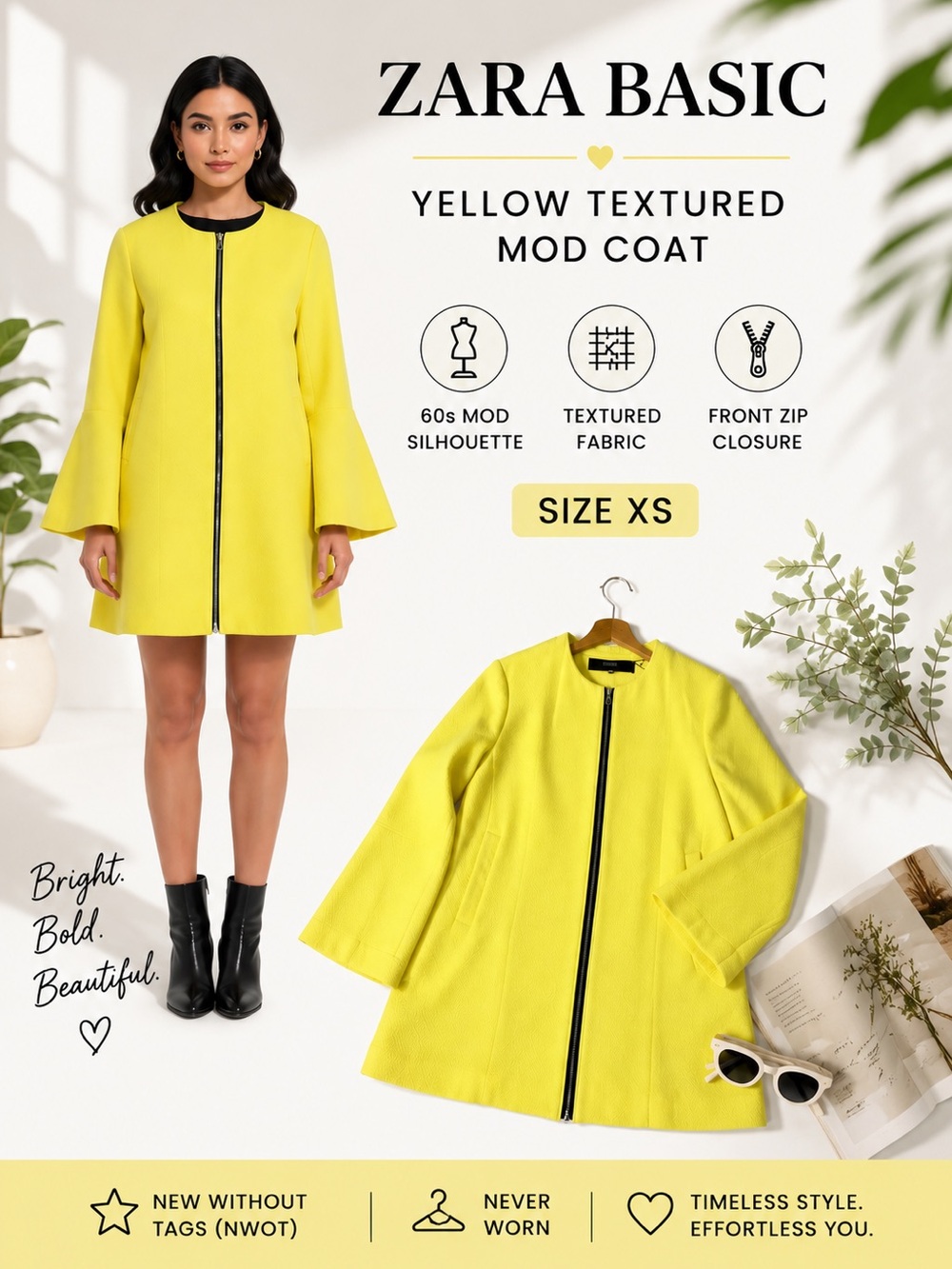 Zara Basic Yellow Textured Collarless Coat Bell Sleeve Mod Jacket Zip XS